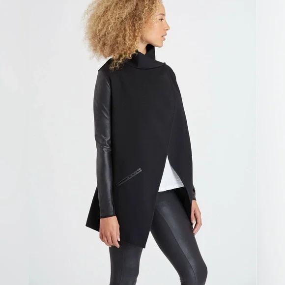 SPANX Faux Leather Sleeve Drape Front Jacket Black L Ponte Moto Blazer 50176R - Picture 16 of 16